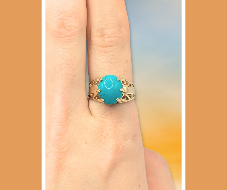 10K Yellow Gold Turquoise Filigree Ring Size 8
