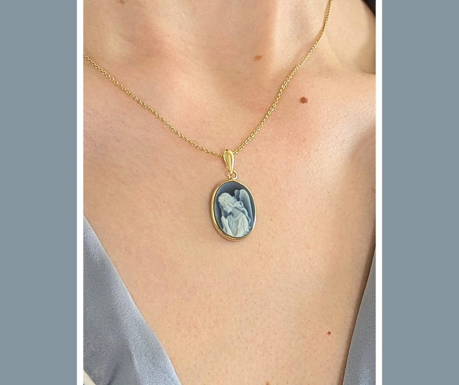 14K Yellow Gold Blue Agate Guardian Angel Cameo Pendant