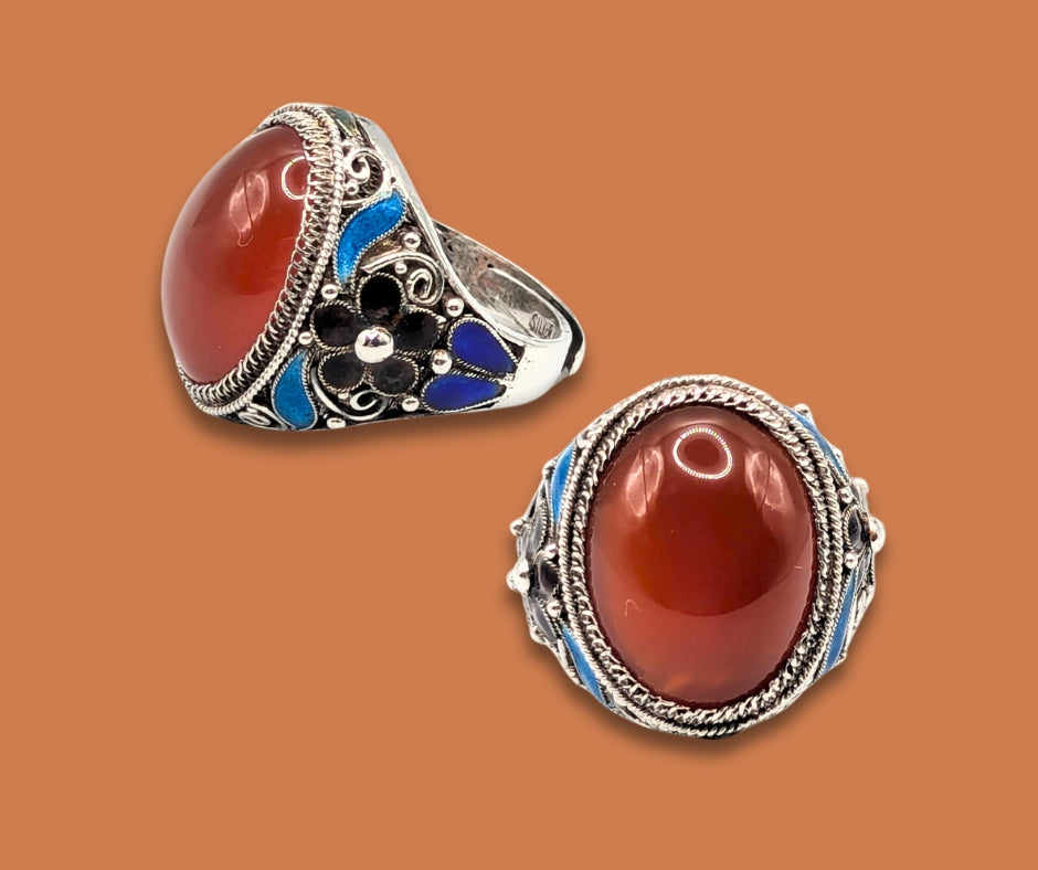 925 Sterling Silver Glass Enamel and Carnelian Ring