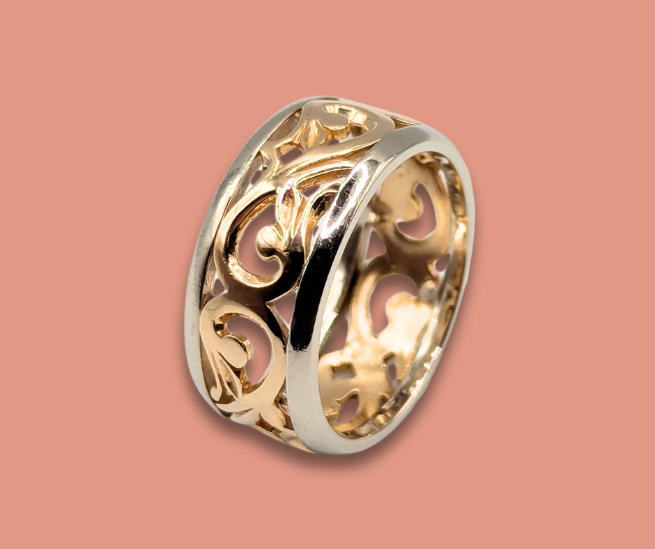 14K Yellow Gold and Sterling Silver 8.8 mm Filigree Wedding Band Size 7