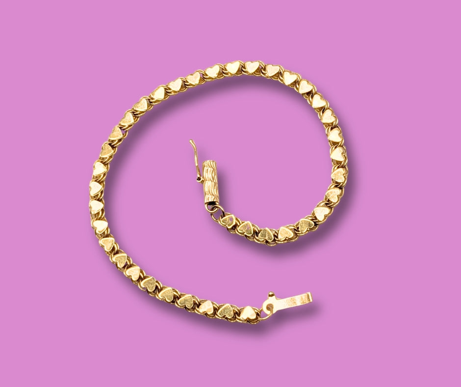 14K Yellow Gold Heart Link Bracelet 7"