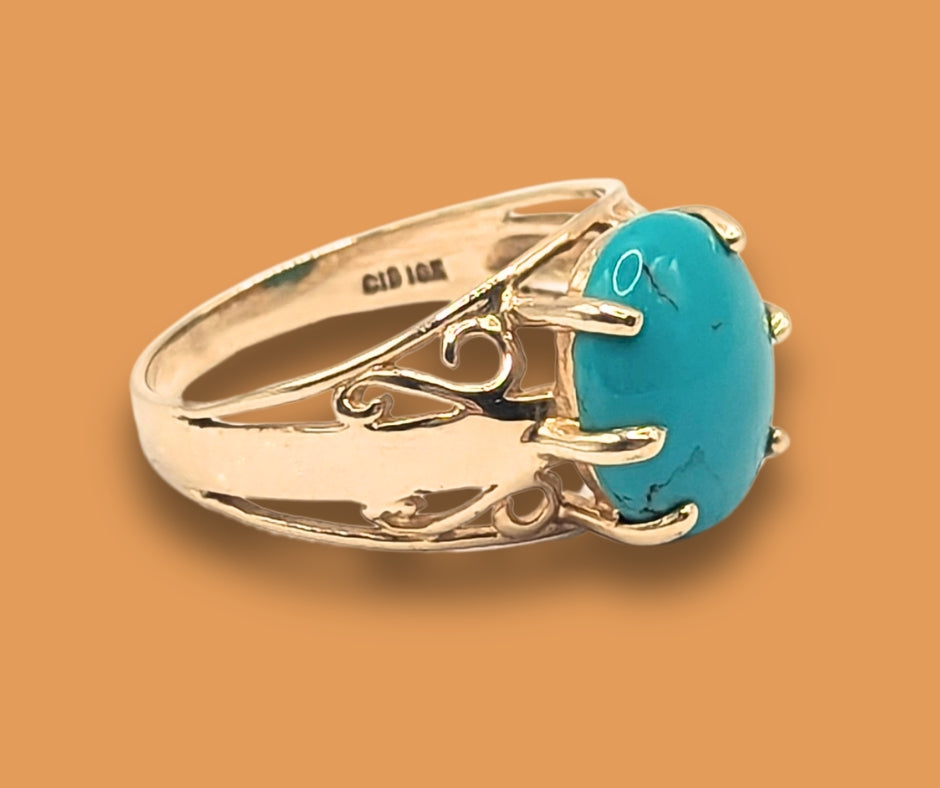 10K Yellow Gold Turquoise Filigree Ring Size 8