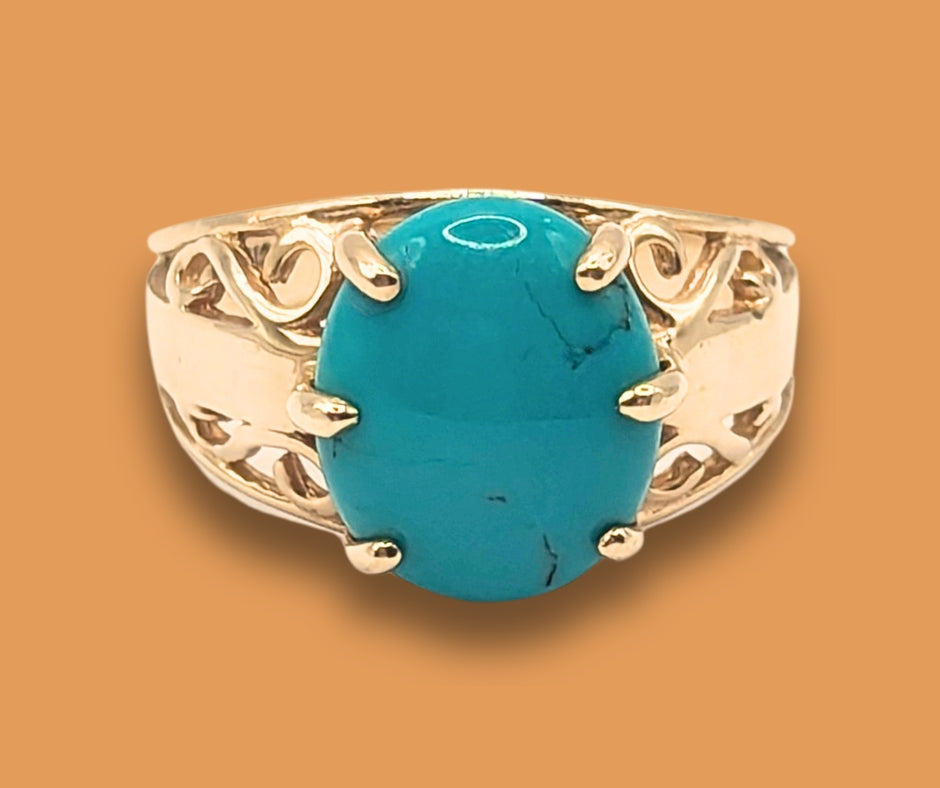 10K Yellow Gold Turquoise Filigree Ring Size 8