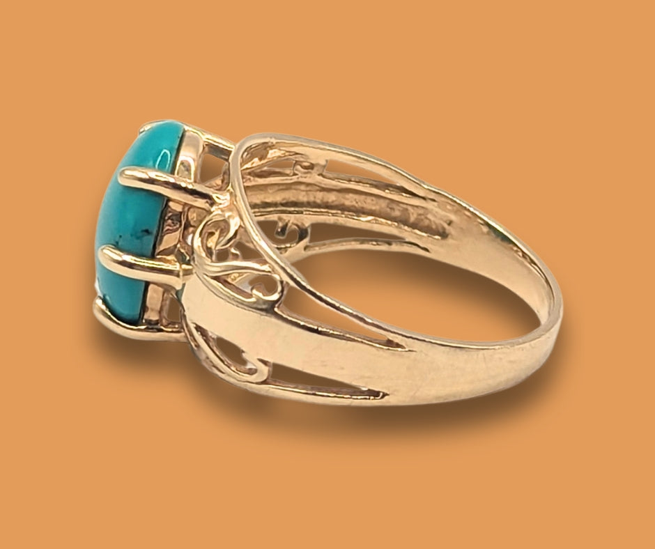 10K Yellow Gold Turquoise Filigree Ring Size 8