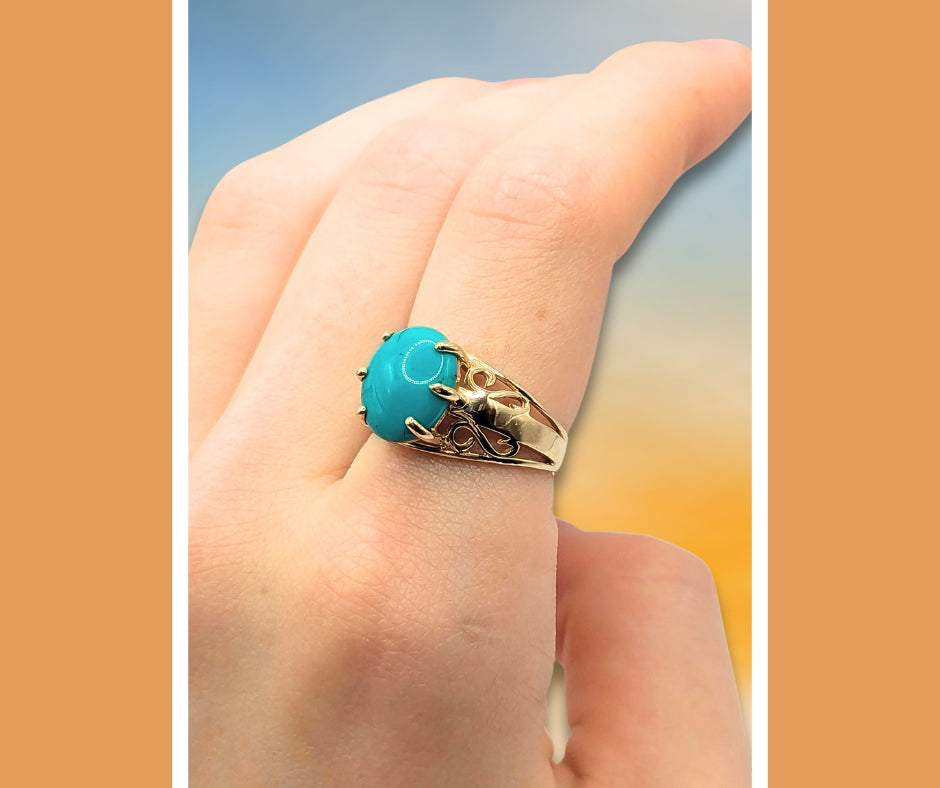 10K Yellow Gold Turquoise Filigree Ring Size 8