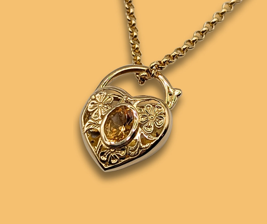 14K Yellow Gold and Citrine Floral Heart Lock Pendant
