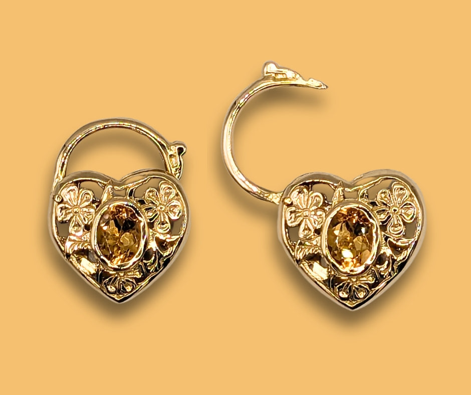 14K Yellow Gold and Citrine Floral Heart Lock Pendant