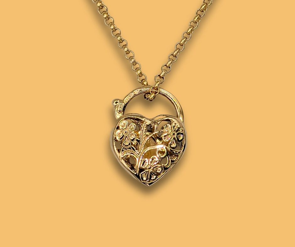 14K Yellow Gold and Citrine Floral Heart Lock Pendant