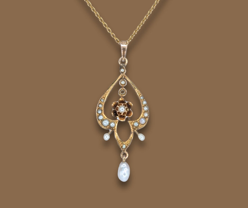14K Yellow Gold Art Nouveau Lavalier Pendant with Freshwater Pearls