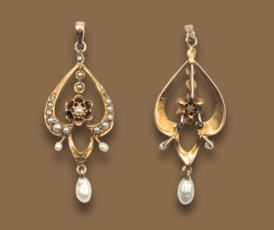 14K Yellow Gold Art Nouveau Lavalier Pendant with Freshwater Pearls