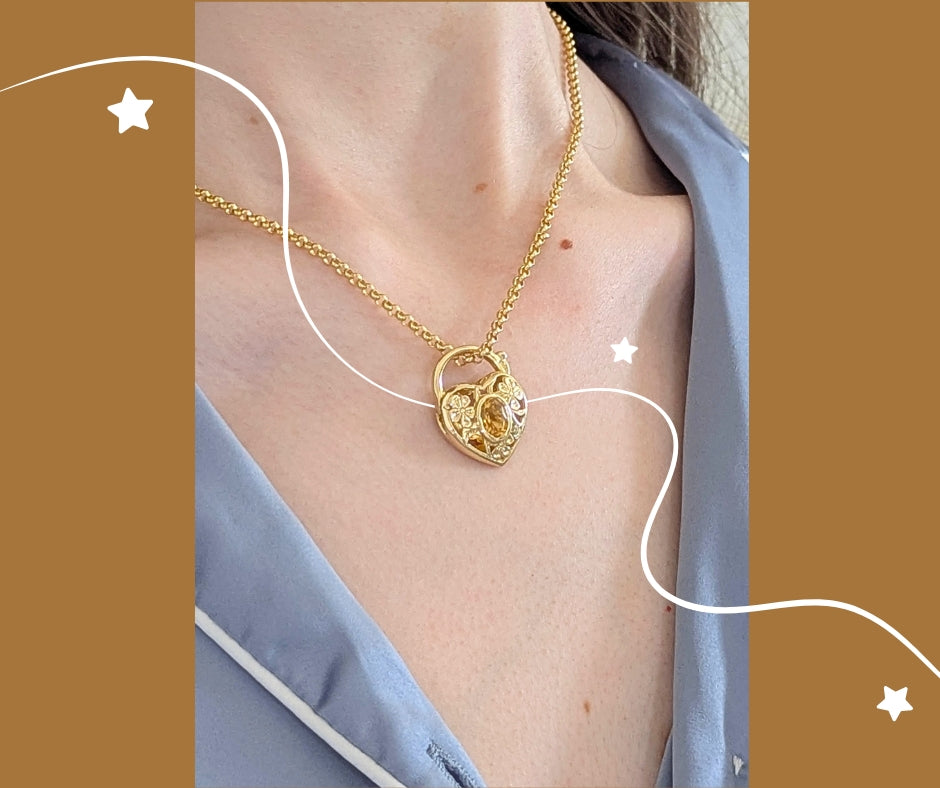 14K Yellow Gold and Citrine Floral Heart Lock Pendant