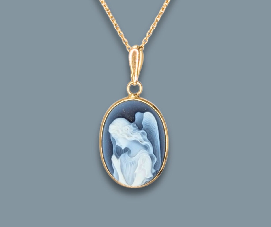 14K Yellow Gold Blue Agate Guardian Angel Cameo Pendant