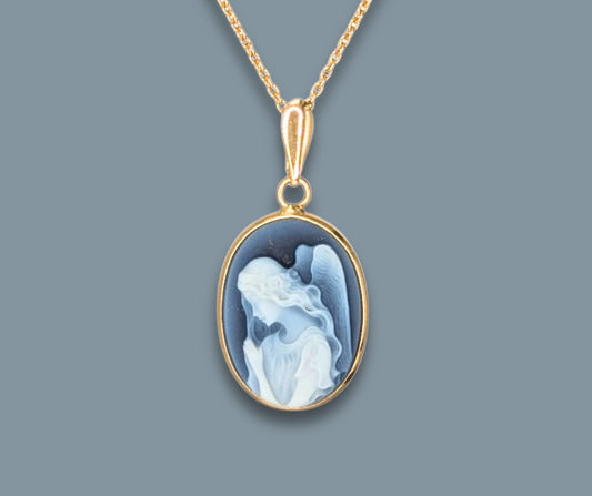 14K Yellow Gold Blue Agate Guardian Angel Cameo Pendant