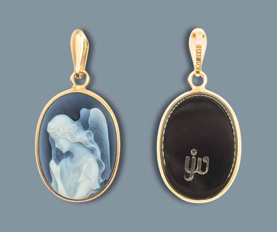 14K Yellow Gold Blue Agate Guardian Angel Cameo Pendant