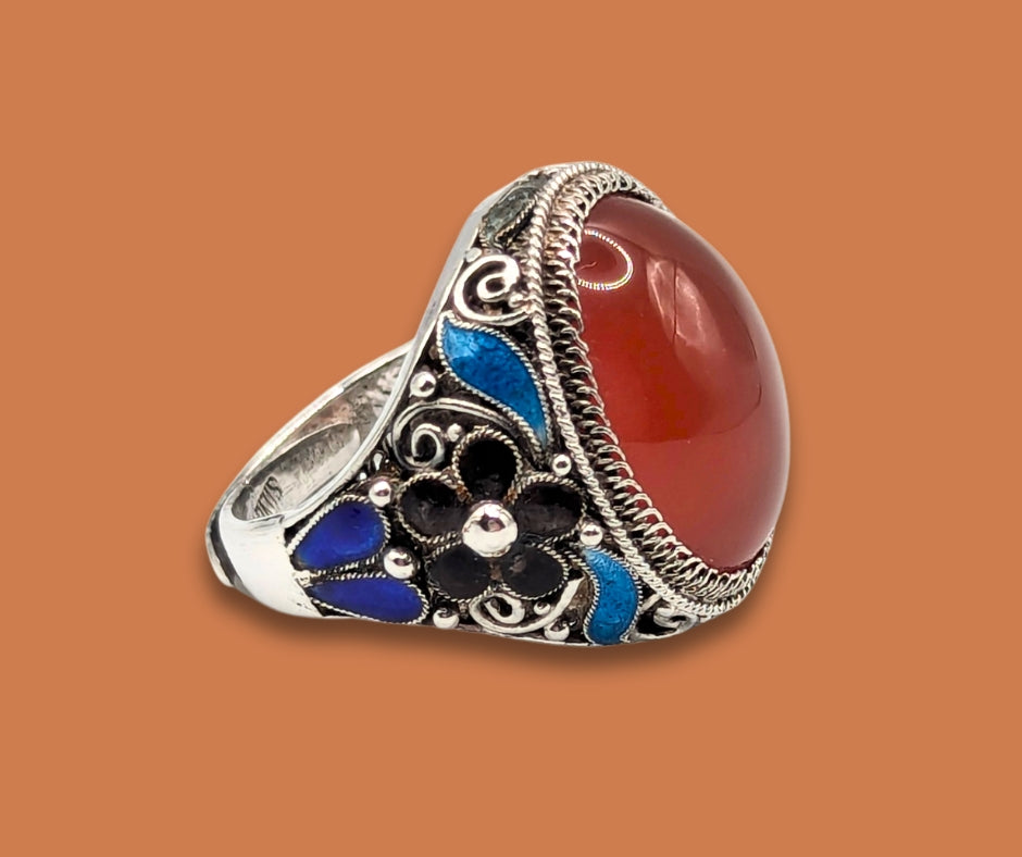 925 Sterling Silver Glass Enamel and Carnelian Ring