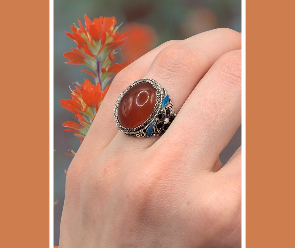 925 Sterling Silver Glass Enamel and Carnelian Ring