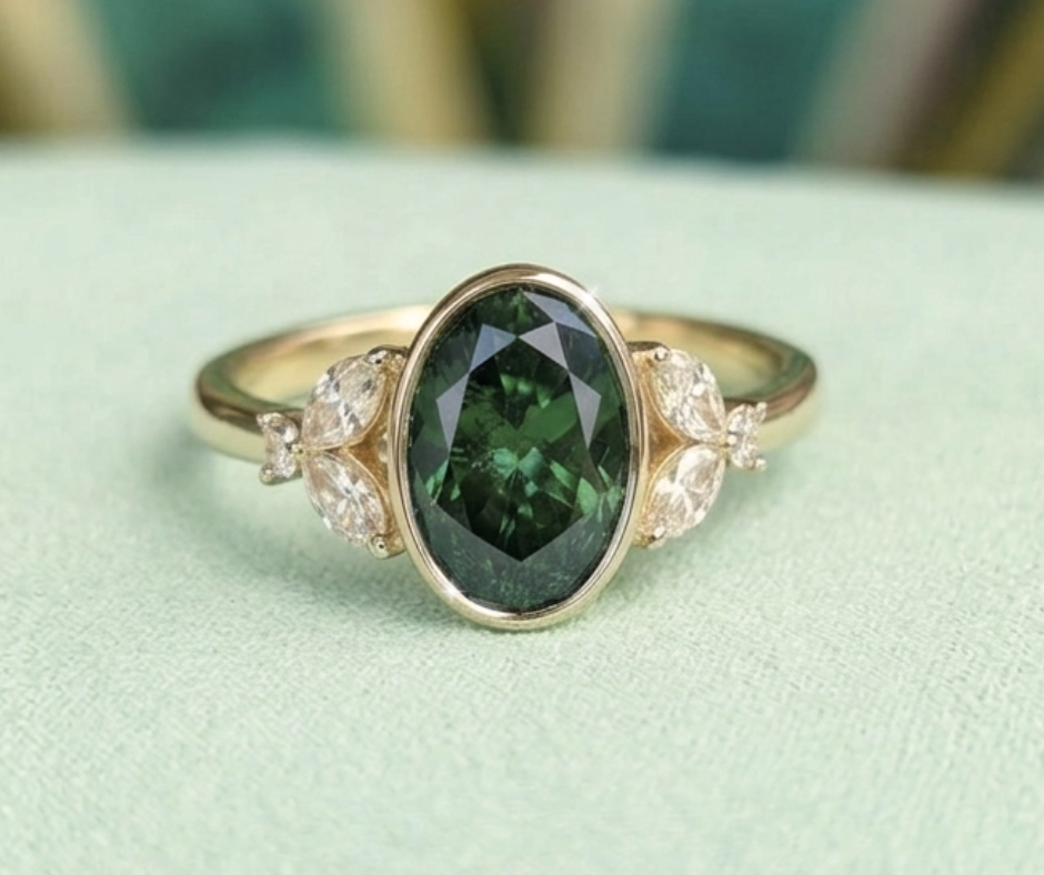 Mirabelle Ring: bezel set 2 ct oval lab diamond with marquise and round side stones