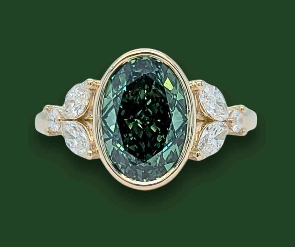Mirabelle Ring: Bezel Set 2 ct Oval Lab Diamond with Marquise and Round Side Stones