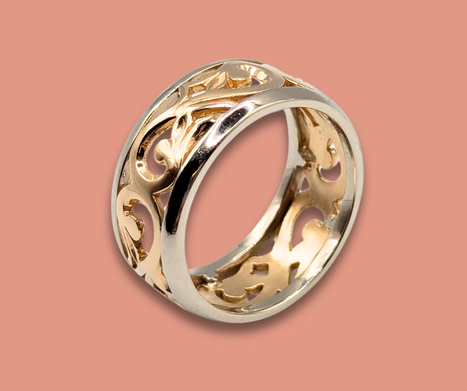 14K Yellow Gold and Sterling Silver 8.8 mm Filigree Wedding Band Size 7
