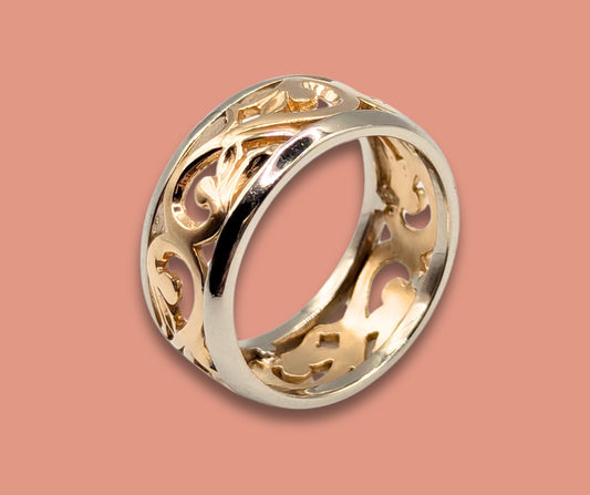 14K Yellow Gold and Sterling Silver 8.8 mm Filigree Wedding Band Size 7