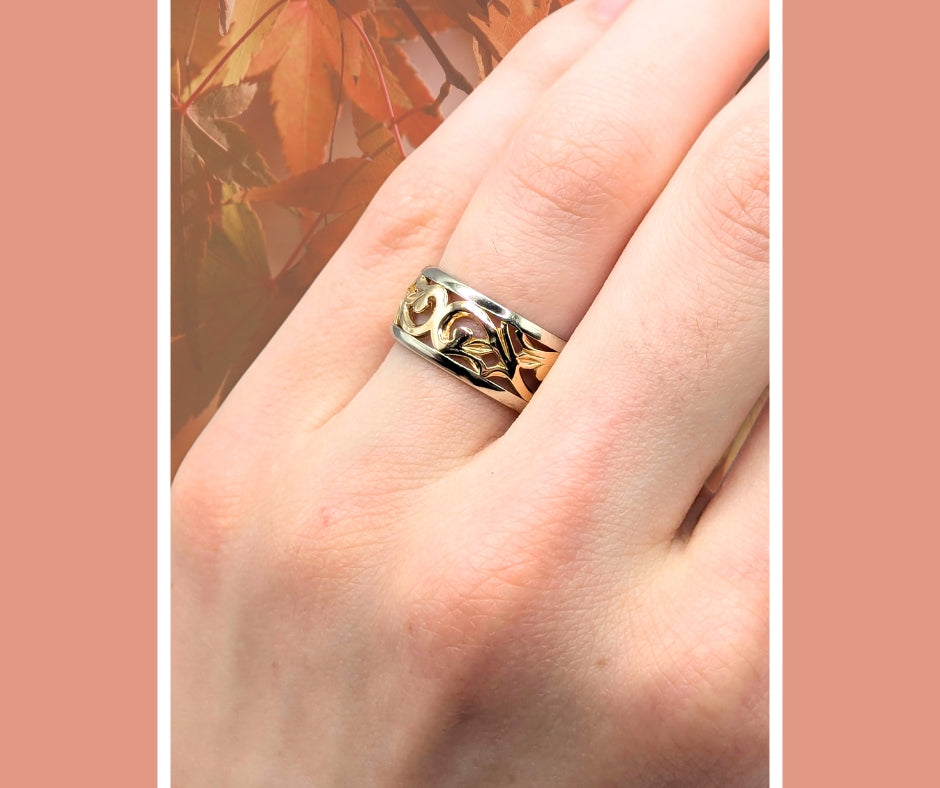 14K Yellow Gold and Sterling Silver 8.8 mm Filigree Wedding Band Size 7